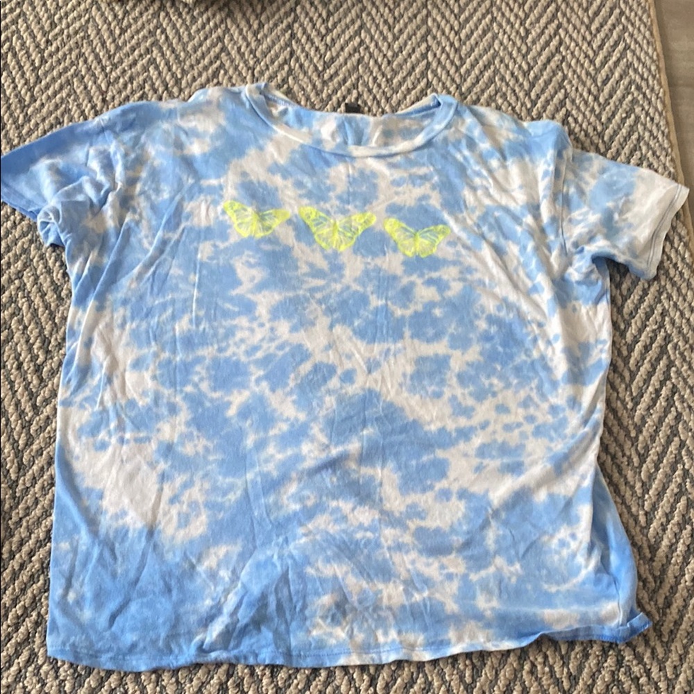 Oversized Blue Tie-Dye Shirt with Bright Yellow Butterfly Design